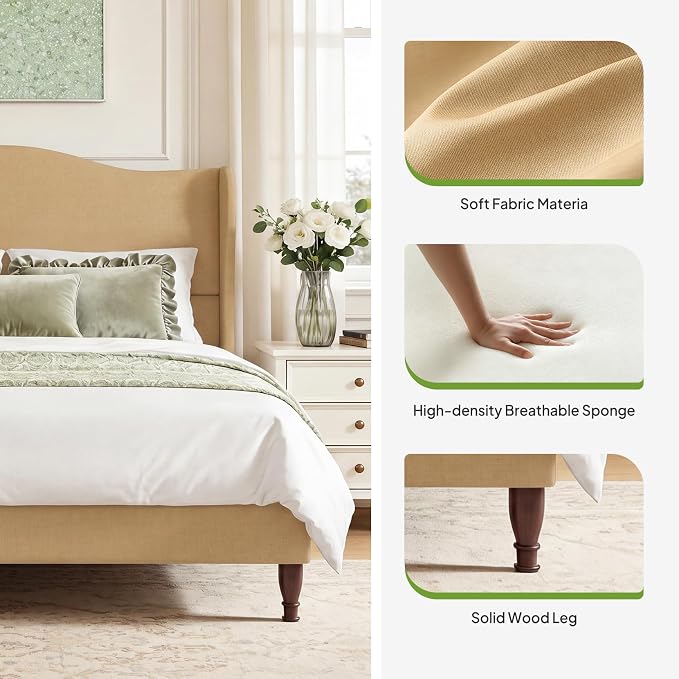 Welzona Queen Size Bed Frame 51" Tall Wingback Headboard, Soft Fabric Upholstered Platform Bed with Solid Wood Legs and Wooden Slats Support, No Box Spring Needed, Easy Assembly,Fawn Brown