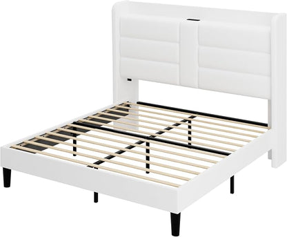 Allewie Full Size Platform Bed Frame with Charging Station & Storage Headboard, Upholstered Velvet Wingback Design & USB Port, Strong Wooden Slats Support, No Box Spring Needed, Easy Assembly, White