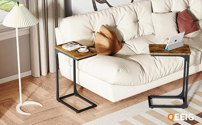 QEEIG Narrow C Shaped Side Table Set of 2 Living Room Sets Slim Couch Tray Tables Skinny Thin Small Farmhouse 9.5 inch Width, Rustic Brown (017-24BN)