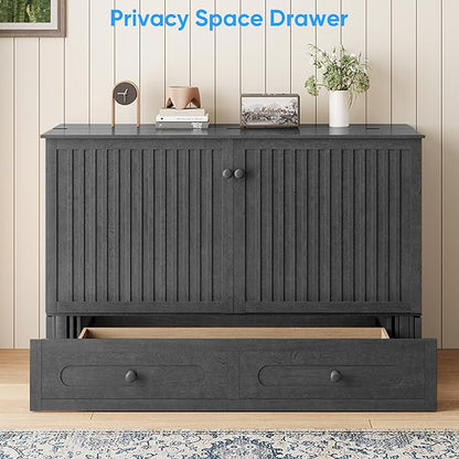 PUREMIND Murphy Bed Queen - Solid Wood - Hideaway Cabinet Bed with Storage Drawers, USB Charging Ports - Space Saving Wallbed for Home, Guest Room, No Mattress Included, Gray