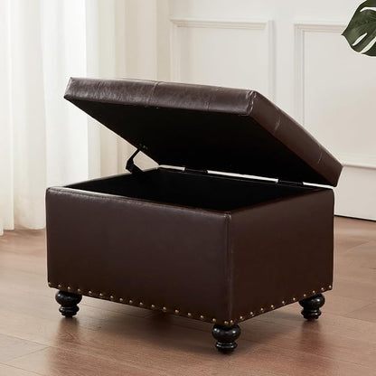 Zihanhome Leather Ottoman with Storage, Upholstered Button Tufted Ottoman Foot Rest, Foot Stools, 24" Rectangle Ottomans with Storage for Living Room, Bedroom, Dorms and Apartments (Brown-PU)