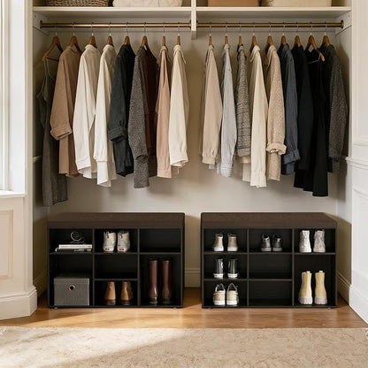 DINZI LVJ Shoe Bench, 9 Cubbies Shoe Organizer for Entryway, Storage Bench with Cushion, Cubby Shoe Rack with Adjustable Shelves for Living Room, Bedroom, Mudroom, Hallway, Espresso