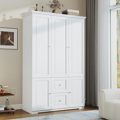 Armoire Wardrobe Closet with Drawers: Large White Wardrobe Closet with 3 Doors and 2 Drawers, Wooden Bedroom Armoires Storage Cabinet with Hanging Rod and Shelves (47")