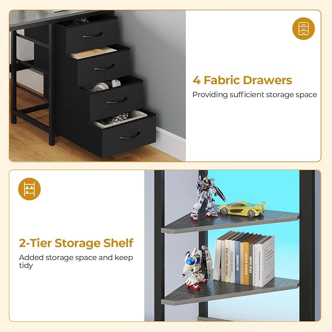 ADORNEVE Twin Over Full Bunk Bed with Desk, Bunk Beds Twin Over Full Size with Charging Station & Led Lights, Storage Drawers & Shelves, Loft Bed with Safety Guardrail & Ladder for Kids/Teens, Grey