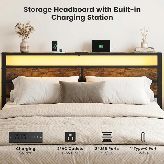 King Size Bed Frame with LED Lights & Charging Station, Brown Metal Platform Bed with Wood Headboard and Sturdy Slats, No Box Spring Needed