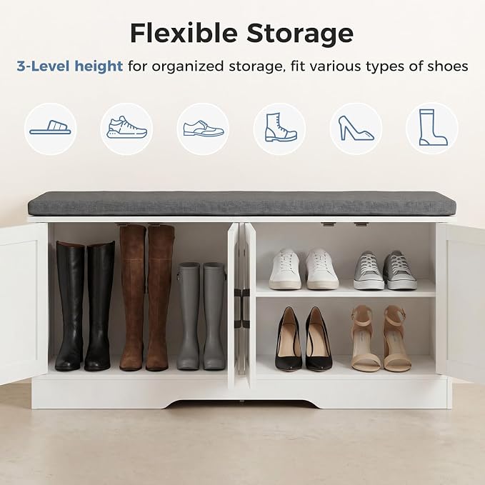 DUMOS Storage Bench, Shoe Organizer Cabinet with Thickened Padded Seat Cushion, Entryway Bench with 4 Doors & Adjustable Shelf for Hallway, Bedroom, Living Room, 47 inch, White