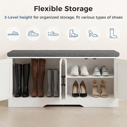 DUMOS Storage Bench, Shoe Organizer Cabinet with Thickened Padded Seat Cushion, Entryway Bench with 4 Doors & Adjustable Shelf for Hallway, Bedroom, Living Room, 47 inch, White