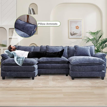 Oprisen 120" Modular Sectional Sofa, Comfy Cloud Couch Sectional Sofa with Ottoman, Chenille Sofa Sleeper Deep Seat Sofa with Throw Pillows for Living Room (Blue, 120"- U Shape)