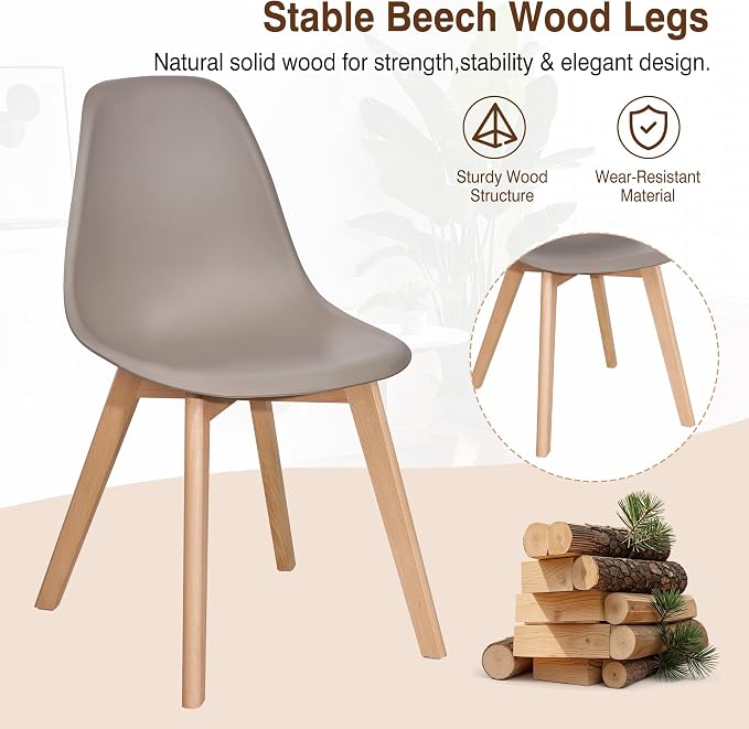 VECELO Dining Chairs Set of 4, Mid-Century Modern Kitchen & Dining Room Chairs, Molded Plastic Seat & Back, Solid Wood Legs, Armless, Non-Slip Feet, Grey