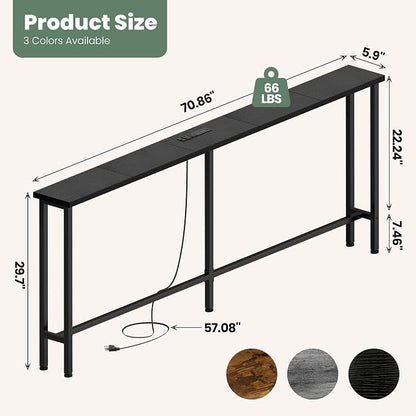 GRLEAF 70" Sofa Table with Built-in Power Strip (4 AC Outlets & 4 USB Ports) – 4.9ft Power Cord, Metal Frame, Easy Assembly, Long Couch Table Behind Sofa, Hallway, Living Room and Home Office | Black