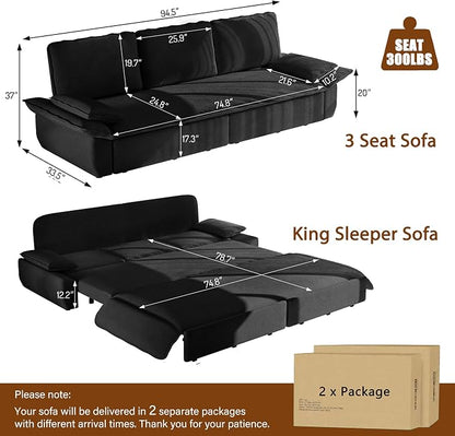 94.5" Pull Out Couch King Size, Futon Sofa Bed, 3-in-1 Convertible Sleeper Sofa Bed with Cushion Armrest, Modern Corduroy Loveseat Couches for Living Room, Small Space, Apartment, Black