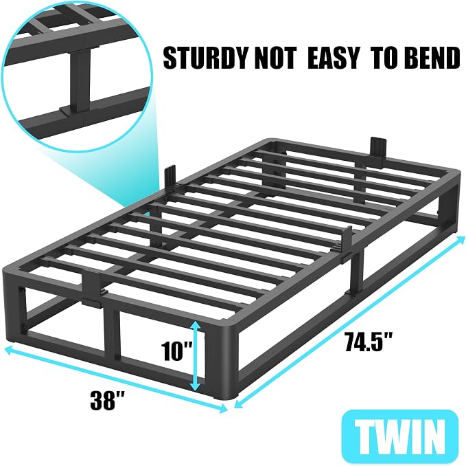 Bilily 10 Inch Twin Bed Frame with Round Corner, Heavy Duty 3500 LBS Steel Slats Support with Mattress Slide Stopper, No Box Spring Needed, Noise Free, Easy Assembly