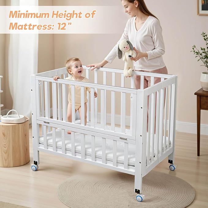 Flwrgirl Folding Wood Bedside Bassinet - Portable 4-in-1 Baby Bassinet with Breathable Mattress,3 Heights Baby Crib with Wheels,Mini Crib for Infant Newborn and Small Space,White