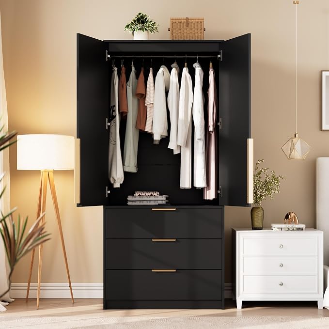 GarveeHome Armoire Wardrobe Closet, 69.5 in Wooden Wardrobe Cabinet with 3 Drawers, Hanging Rod, 2 Doors Clothing Storage Cabinet for Bedroom, Large Capacity Storage, Rattan Door, Black