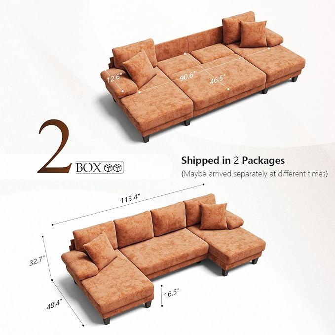Txtin's Sleeper Sofa with Pull Out Couch Bed | 112 Inch Couches for Living Room | U-Shaped Convertible Sofa Bed | Chenille Orange