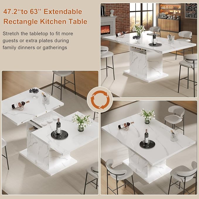 Extendable Dining Room Table for 4-6, 47-63 Inch Faux Marble Extendable Dining Table, Modern Expandable Rectangle Kitchen Dining Table with Storage for Kitchen Living Room