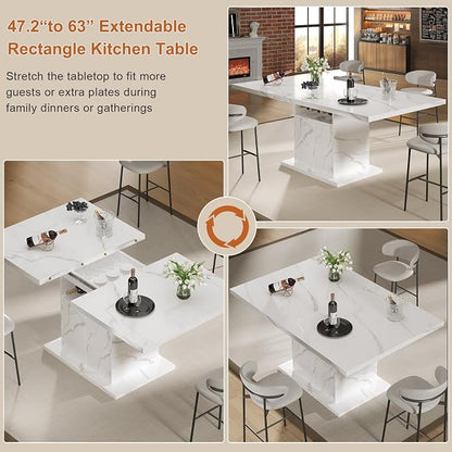 Extendable Dining Room Table for 4-6, 47-63 Inch Faux Marble Extendable Dining Table, Modern Expandable Rectangle Kitchen Dining Table with Storage for Kitchen Living Room