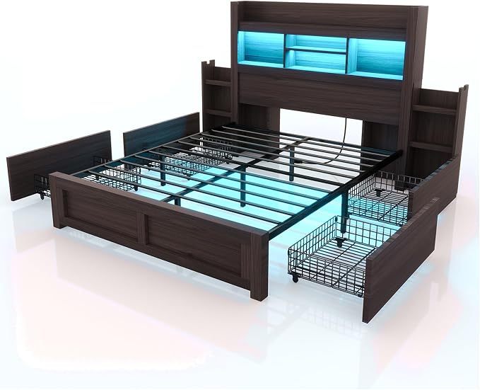 LUXOAK Queen Bed Frame with 49.6" Bookcase Headboard & 2 Bedside Stoage Racks & 4 Drawers, Farmhouse Wood Bed Frame with RGB LED & Charging Station, No Box Spring Needed, Black