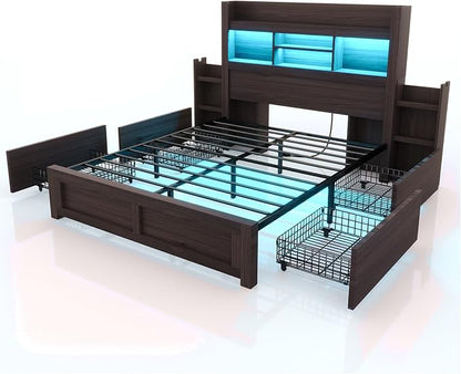 LUXOAK Queen Bed Frame with 49.6" Bookcase Headboard & 2 Bedside Stoage Racks & 4 Drawers, Farmhouse Wood Bed Frame with RGB LED & Charging Station, No Box Spring Needed, Black