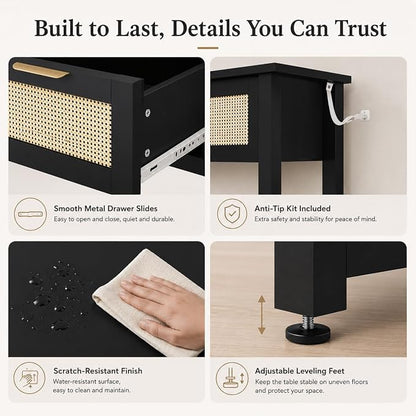 Entryway Table with 3 Drawers, Boho Rattan Console Table with Storage Shelf | Narrow Sofa Table Behind Couch for Hallway, Foyer & Living Room, 47" Wood Accent Table, Easy Assembly, Anti-Tip, Modern Black