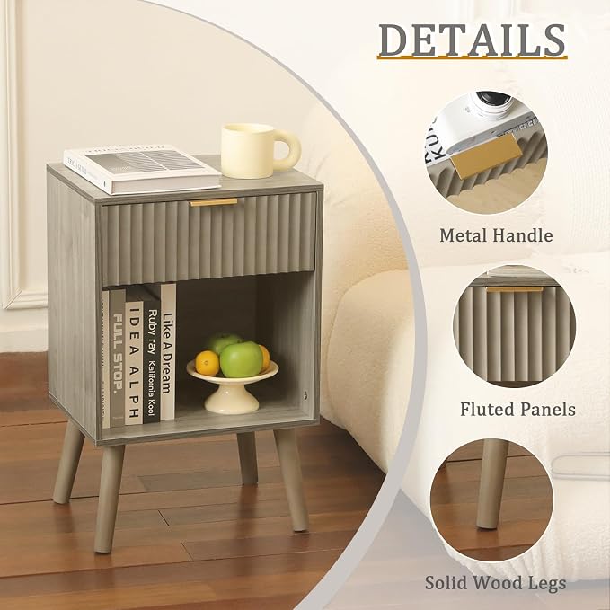 Fultyle Mid Century Modern Nightstand, Wood Bedside Table with Drawer and Open Storage, End Table Living Room Fluted Night Stand with Solid Wood Legs for Bedroom (Grey)