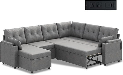 WLIVE 110'' Sectional Couches for Living Room, Pull Out Couch, U Shape 7 Seat Sleeper Sofa with Storage Chaise and Pillows, Removable Sofa Cover, Cups Holders, USB Charging Station, Grey