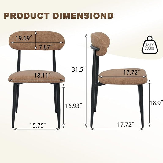 FREKEN Modern Upholstered Dining Chairs Set of 2, Mid-Century Metal Frame Linen Fabric Side Chair for Kitchen Dining Room, 350lbs Capacity, Brown
