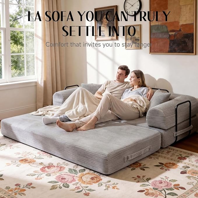 78.8" Memory Foam Boneless Couch, Corduroy Floor Sofa Bed, Convertible Sleeper Futon Loveseat, Wide Armrests & Back Support, Supports Up to 1200 lbs, Couch in a Box with 2 Pillows, Light Grey