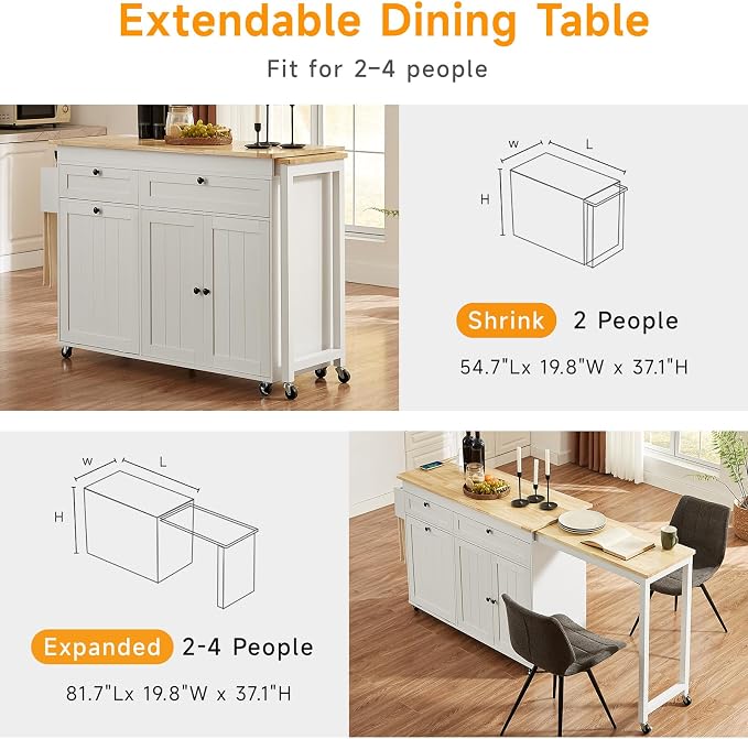 ONBRILL Kitchen Islands with Extendable Dining Table, 81.7" Mobile Kitchen Storage Islands, Rolling Kitchen Cart with Trash Cabinet, Power Outlet, Spice Rack & Towel Rack, White