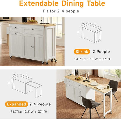 ONBRILL Kitchen Islands with Extendable Dining Table, 81.7" Mobile Kitchen Storage Islands, Rolling Kitchen Cart with Trash Cabinet, Power Outlet, Spice Rack & Towel Rack, White
