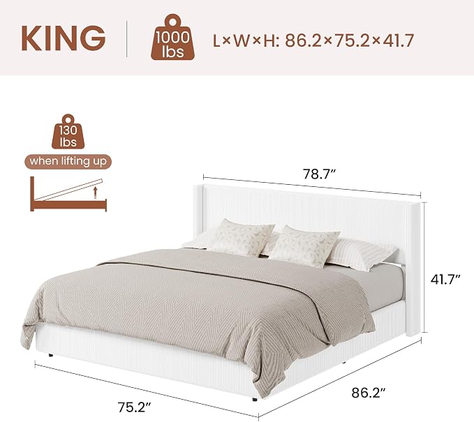 Garvee King Lift Up Storage Bed Frame, Corduroy Upholstered Platform Bed with Gas Lift, Padded Headboard, Wooden Slat Support, No Box Spring Needed, Easy Assembly, White