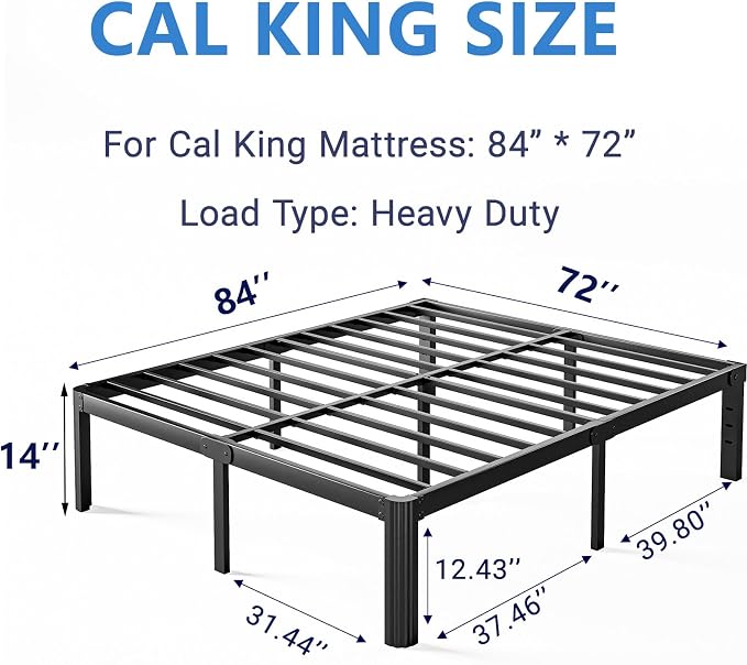 14 Inch High Platform California King Bed Frames No Box Spring Needed, Metal Cal King Bed Frame, Noise Free, Easy Assembly, Heavy Duty, Black