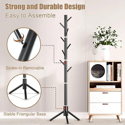 Aliphon Wooden Coat Rack Stand, Freestanding Coat Rack with 8 Hooks, 3 Adjustable Size Coat Tree for Hats, Coats, Scarves bags, Coat Hanger Stand Used in Bedroom/Office/Entryway (Black)