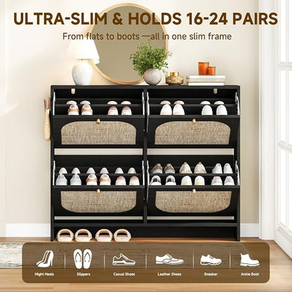 Nicetree Rattan Shoe Cabinet for Entryway, 9.5" Ultra-Thin Narrow Shoe Rack with 4 Flip Drawers, Boho Slim Shoe Storage Organizer with Adjustable Shelves, Anti-Tip Safety, Fits Size 13 Men's Boots