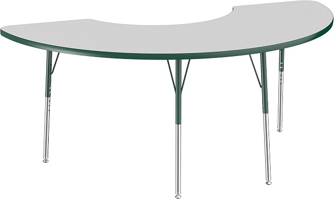 FDP Half Moon Activity School and Office Table (36 x 72 inch), Standard Legs with Swivel Glides for Collaborative Seating Environments, Adjustable Height 19-30 inches - Gray Top and Green Edge