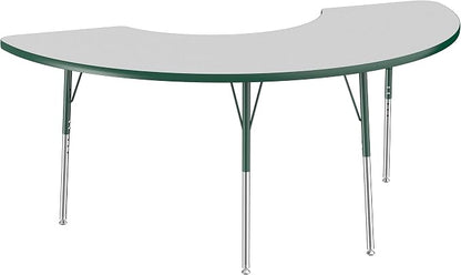 FDP Half Moon Activity School and Office Table (36 x 72 inch), Standard Legs with Swivel Glides for Collaborative Seating Environments, Adjustable Height 19-30 inches - Gray Top and Green Edge