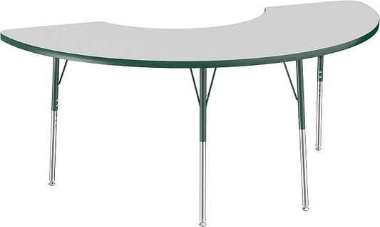FDP Half Moon Activity School and Office Table (36 x 72 inch), Standard Legs with Swivel Glides for Collaborative Seating Environments, Adjustable Height 19-30 inches - Gray Top and Green Edge