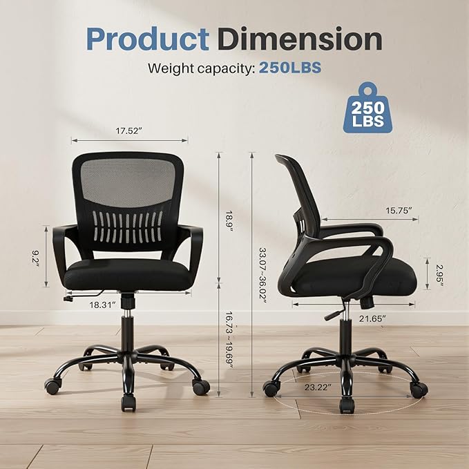 DUMOS Home Office Chair - Ergonomic Mid Back Mesh Desk Chair with Lumbar Support & Rocking Mode, Height Adjustable, Fixed Armrest, for Conference, Computer, 360° Swivel, Adults, Black