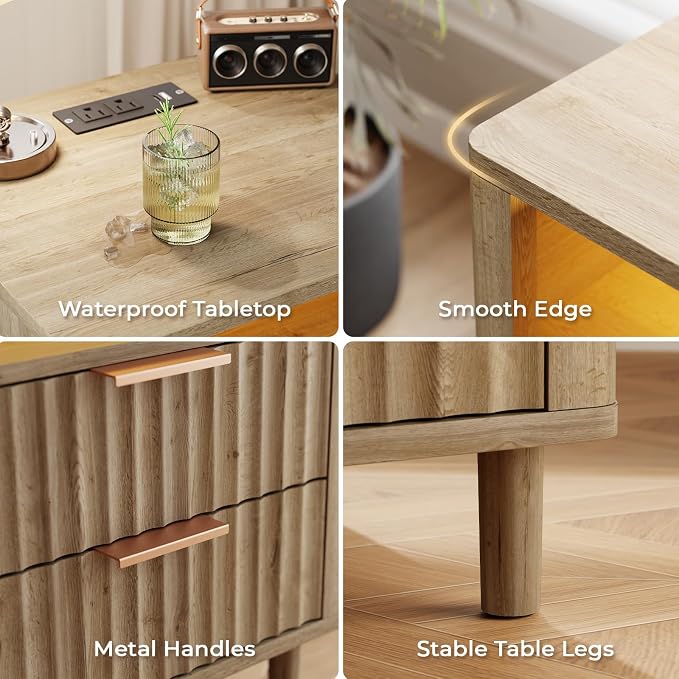 Fluted Nightstand Set of 2, 2 Drawers Storage Bedside Table with Charging Station, Wood Modern Nightstand with Open Shelf, Curved Profile Design, End Table for Indoor Room Bedroom, Oak