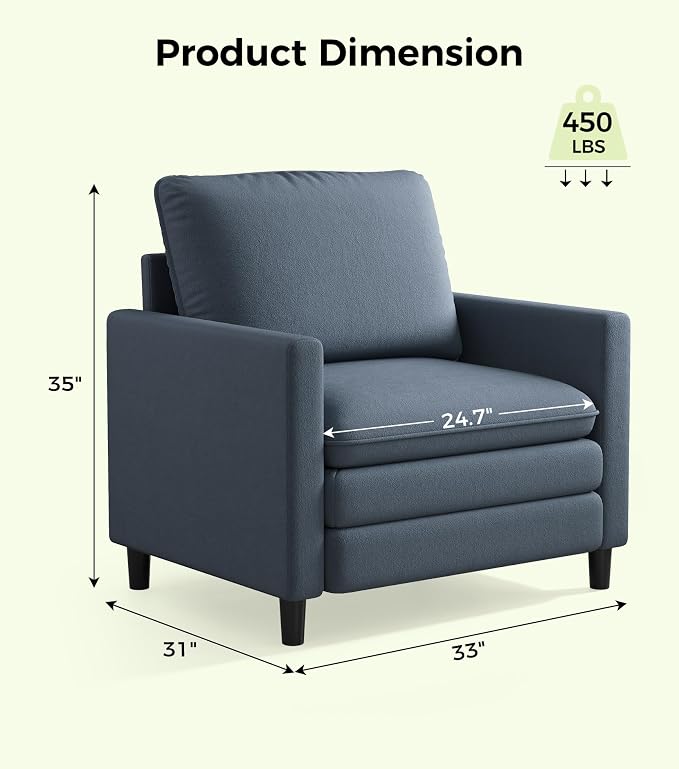 Welzona 3-Layers Cloud Accent Chair, 33" Reading Chair for Bedroom, Living Room - Tool-Free Assembly with Teddy Fabric Couch Chair - Blue Grey - Arm Chairs - Removable Washable Covers - 450lb Capacity