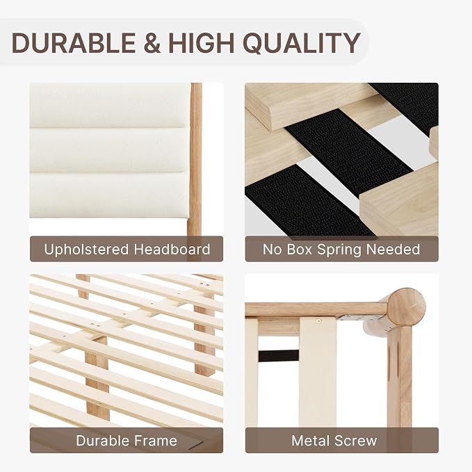 KISLOT Wood Bed Frame with Upholstered Headboard Wooden Platform with Silent Slat Support Mattress Foundation No Box Spring Needed, Easy Assembly
