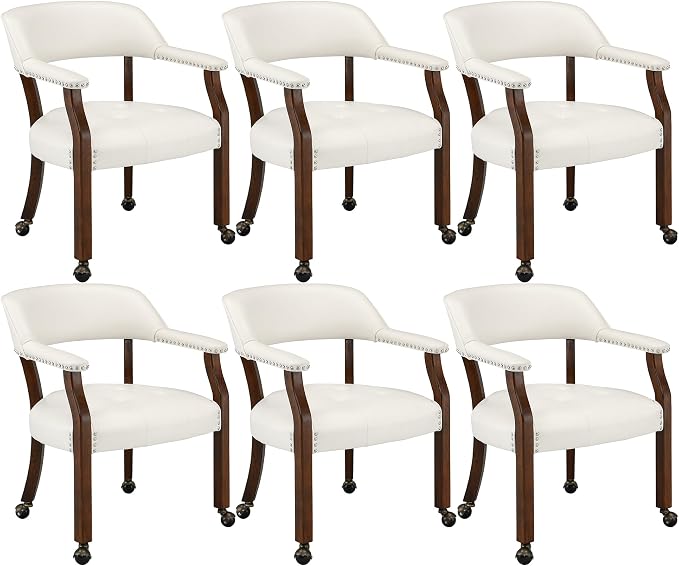 LEEMTORIG Set of 6 Large Dining Chairs with Casters and Arms, Rolling Dining Chairs with Wheels, Solid Wood Office Desk Chairs, 26“Dx25.2 Wx31.5“H, Cherry Legs & Ivory, SY-1533-WT