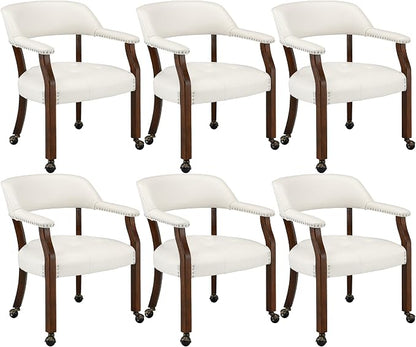 LEEMTORIG Set of 6 Large Dining Chairs with Casters and Arms, Rolling Dining Chairs with Wheels, Solid Wood Office Desk Chairs, 26“Dx25.2 Wx31.5“H, Cherry Legs & Ivory, SY-1533-WT