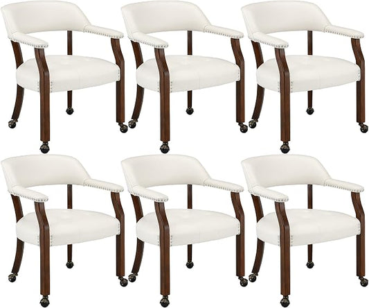 LEEMTORIG Set of 6 Large Dining Chairs with Casters and Arms, Rolling Dining Chairs with Wheels, Solid Wood Office Desk Chairs, 26“Dx25.2 Wx31.5“H, Cherry Legs & Ivory, SY-1533-WT