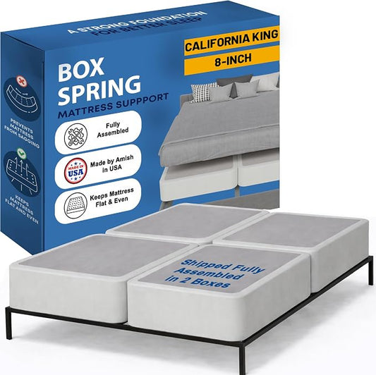 Greaton, Box Spring Bed Base California King Size, 8-Inch Wood Mattress Foundation – Amish Made in USA – Quiet Noise Free, 4-Pieces Under Mattress-Support BoxSpring, Fully Assembled, White