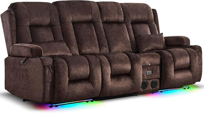 URRED Power Loveseat Recliner Sofa with Massage and Heat, Wall Hugger Reclining Loveseat with Console, RV Couch Home Theater Seating with LED Lights for Living Room (Brown, 89.8" - 3 Seats)