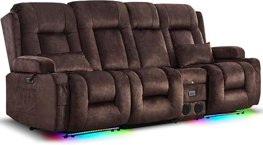 URRED Power Loveseat Recliner Sofa with Massage and Heat, Wall Hugger Reclining Loveseat with Console, RV Couch Home Theater Seating with LED Lights for Living Room (Brown, 89.8" - 3 Seats)