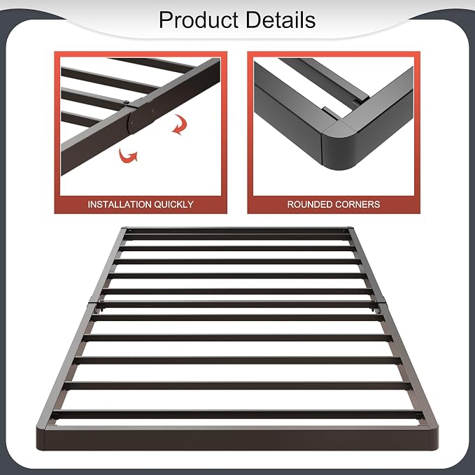 Yicensen 1.6 Inch Bunkie Board Twin Low Profile Heavy Duty Metal Box Spring Twin Bed Base Sturdy Mattress Foundation, Easy Assembly, Noise Free, Black
