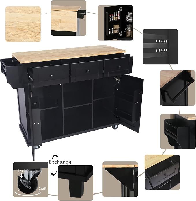 Large Kitchen Island with Rubber Wood Drop Leaf, Rolling Kitchen Cart with Ample Storage on Wheels with Doors and Drawers for Dining Room (Modern Black, Black Handle, 53Inch)