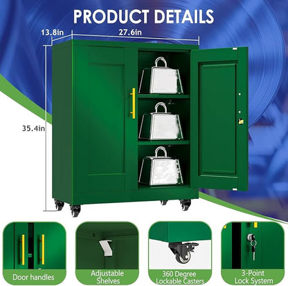 35.4" Metal Garage Storage Cabinet with Wheels and Locking Doors | Tall Rolling Steel Tool Cabinet with 2 Adjustable Shelves for Garage,Home,Office,Shop (Green, 35.4''H x 27.6''W x13.8''D)